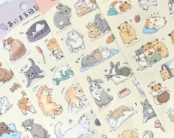 Fluffy Small Animal Drawing Sticker Sheet - Hamster, Kitty Cat, Puppy, Rabbit, Color Pencil Drawing, Illustration, Animal Diary Stickers