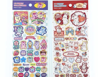 Retro Pop Animal Sticker Sheets | Colorful Bear Sweets & Cute Bunny Stickers | Vintage American Kawaii Deco Set
