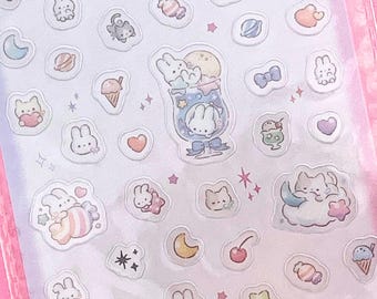 Dreamy Bunny & Kitty Holographic Sticker Sheet | Pastel Yume Kawaii Sky Animals | Transparent Fairy Deco Stickers