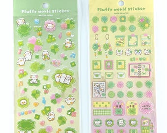 Clovercore Sticker Sheets | Fluffy Cute Animals & Lucky Clover Accessories | Four-Leaf Clover Kawaii Deco Stickers | Juminocore | Heisei