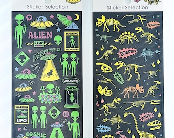 Pop Alien & Dinosaur Fossil Sticker Sheets | Cute Space UFO Stickers and Retro Dino Skeleton Deco Stickers | Kawaii Journal Phone Decals