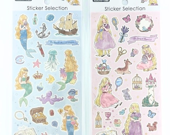 Mermaid & Princess Sticker Sheets | Blue Ocean Mermaid and Pink Castle Princess | Watercolor Fairytale Kawaii Deco Stickers