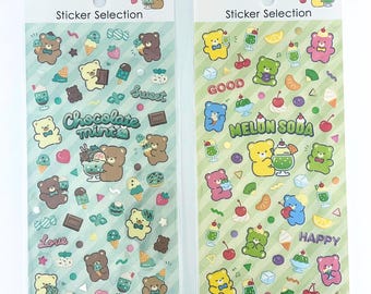 Green × Teddy Bear × Summer Sweets Sticker Sheets, Root Beer Float, Pafe, Kawaii, Deco, Juminocore, Gift