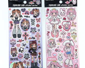 Hoja de pegatinas de Ángeles Celestiales × Chicas Demonio, Chicas Ángel × Chicas Diablo, Chica Anime, Lolita Gótica y Chica Mágica, Y2K, Decoración, Portátil, Funda de Teléfono