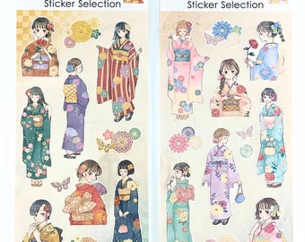 Furisode Girl Sticker Sheets | Shoujo Manga Style Kimono Stickers | Spring & Autumn Japanese Fashion Deco Stickers