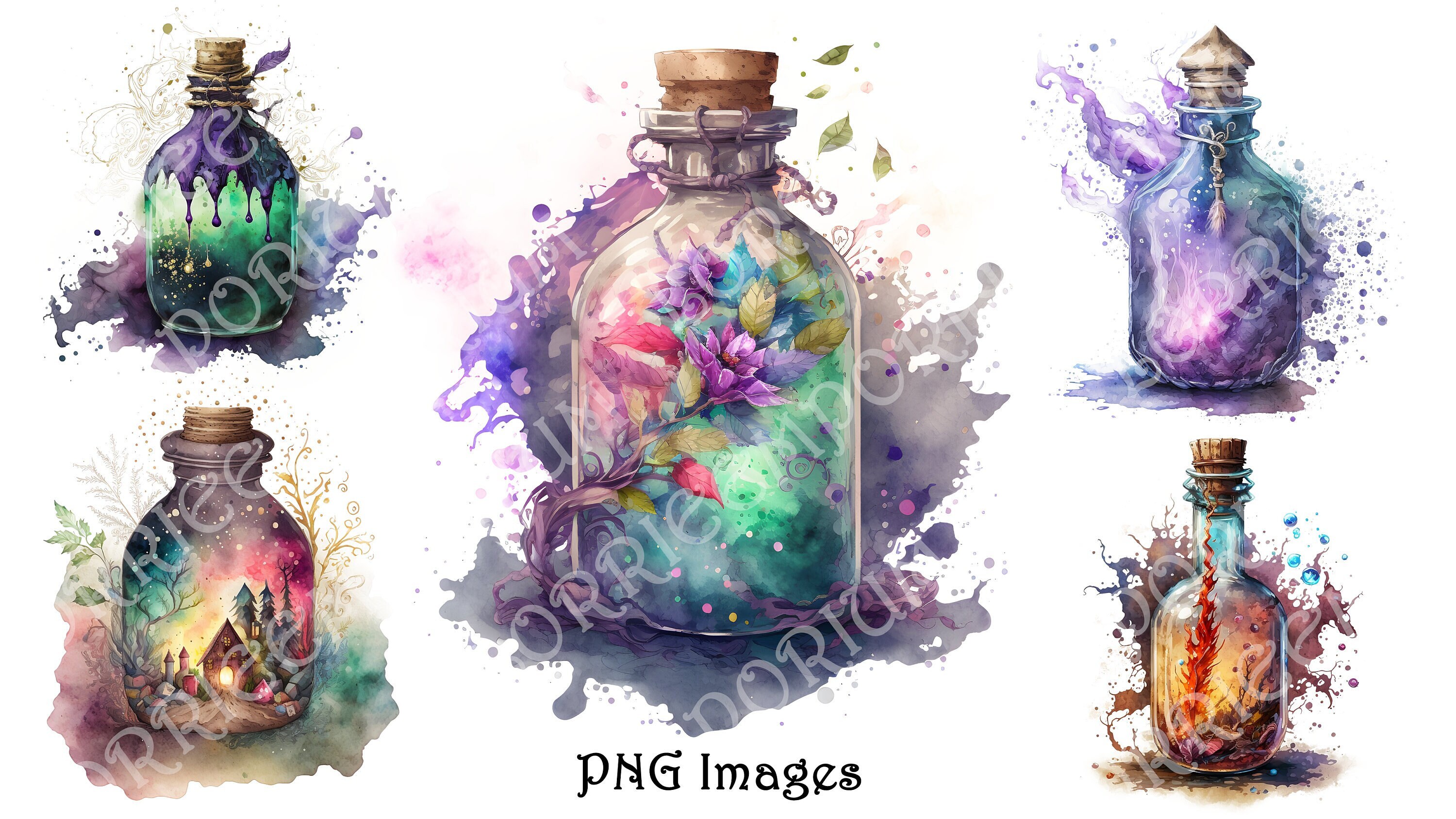Watercolor Fantasy Magic Bottles Clipart - Beautiful Bottles Clip Art ...