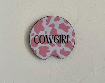 Cowgirl Car Coaster | Pink Cow Print Neoprene Car Accessory