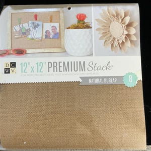 May include: A pack of 8 natural burlap sheets, each measuring 12 inches by 12 inches. The sheets are made of a natural burlap fabric and are perfect for crafting projects. The packaging features a sunflower, a cactus in a white pot, and a corkboard with photos.