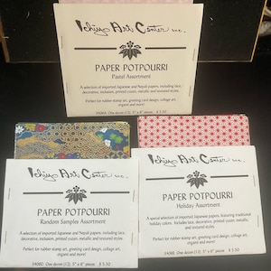 May include: Three cards with the text "Ichiyo Art Center Inc." and the title "Paper Potpourri". Each card features a different assortment of paper: Pastel, Random Samples, and Holiday. Each card includes a description of the paper assortment and the text "One dozen (12) 5" x 6" pieces $5.50".