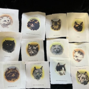 May include: A collection of vintage Player's Cigarettes cards featuring detailed portraits of various cat breeds. Each card showcases a different feline, with text at the top and bottom. The cards have a cream background and a yellow circle behind each cat.