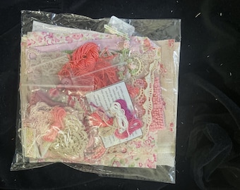 Irish Rose fabric card slow stitch kit including fabrics in shades of pinks, vintage laces, vintage crochet, buttons and beads.