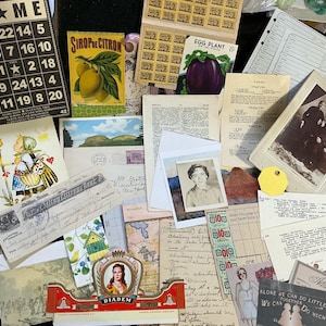 Selection of vintage ephemera including book papers, stamps, cards, advertising and too numerous to mention. See photos.