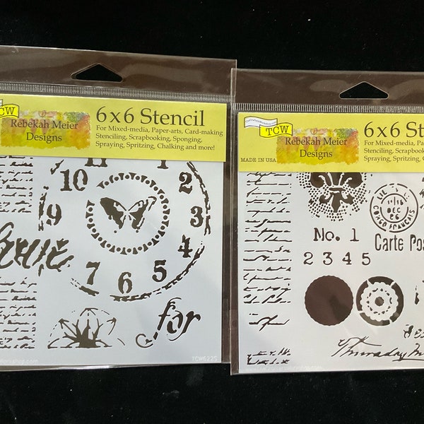 2 The Crafters Workshop 6x6 stencils TCW626s  Mini Carte Postale  and TCW622s Mini Time For Love preowned