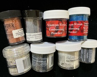 8 sparkly embossing powders from Ranger, Stampa Rosa and Stampin Stuff. Preowned. See description for colors. May have been slightly used.