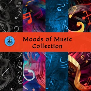 以下が含まれることがあります： 黒、白、青、赤、黄、紫など様々な色で描かれた音符が特徴の、4つの異なる抽象的なパターンを組み合わせたデジタルコラージュ。"Moods of Music Collection"というタイトルが、赤い背景に黒い文字で表示されています。