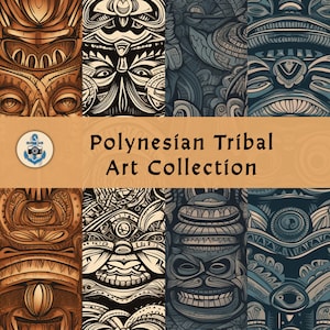 Könnte beinhalten: Eine Sammlung von polynesischen Tribal-Kunstdrucken mit komplizierten Designs in Schwarz, Weiß und Braun. Die Drucke zeigen stilisierte Gesichter und geometrische Muster.