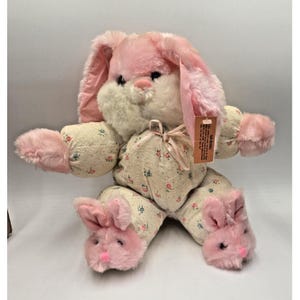 Vtg READ Cuddle Wit Bunny Rabbit Stuffed Animal Plush Slippers Pink Nose
