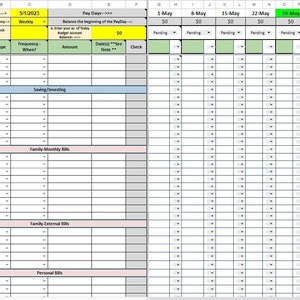 May include: A green and white budget spreadsheet with columns for dates, budget items, and amounts. The spreadsheet is for the month of May and June 2023.
