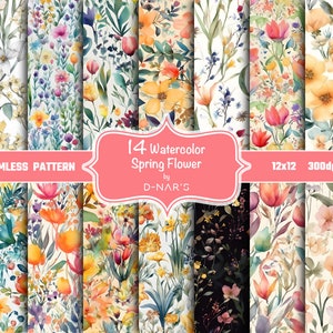 Papeles digitales de acuarela floral de primavera sin costuras - 14 patrones florales - 12x12&quot; - Uso comercial y sublimación - Diseños de flores elegantes&quot;