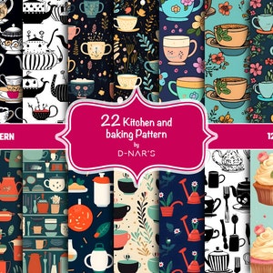 May include: A set of 22 digital seamless patterns featuring kitchen and baking themes. The patterns include illustrations of teacups, teapots, kitchen utensils, cakes, and cupcakes. The patterns are in various colors, including black, white, red, blue, green, and yellow. The patterns are 12x12 inches and 300 dpi.