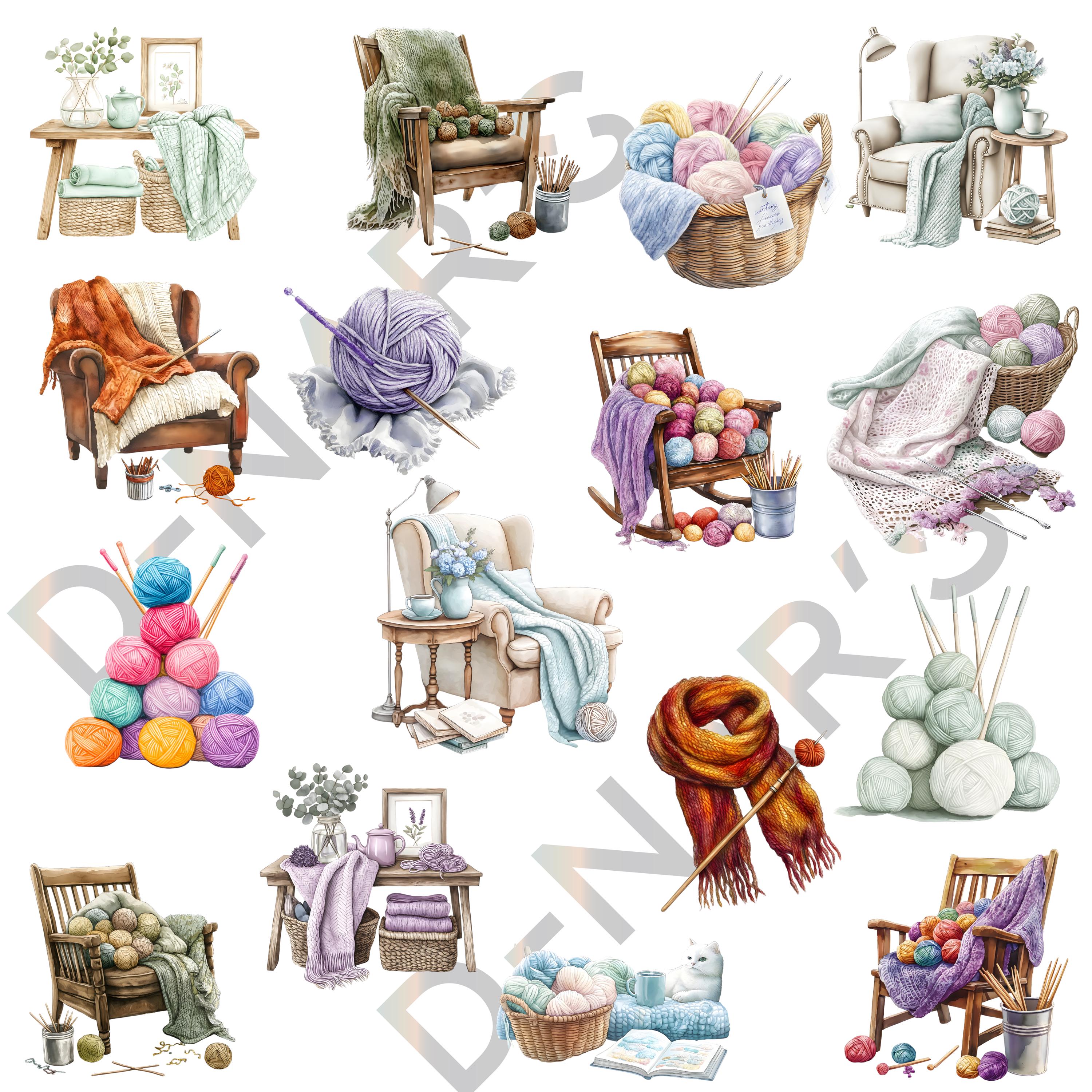 Knitting and Crochet Watercolor Clipart Bundle | Yarn, Needles ...