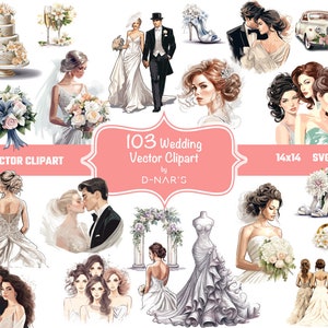 May include: A collection of 103 wedding-themed vector clipart illustrations in SVG format. The illustrations include brides, grooms, bouquets, cakes, rings, and other wedding details. The illustrations are in a variety of styles and colors, and are perfect for use in wedding invitations, stationery, and other wedding-related projects.