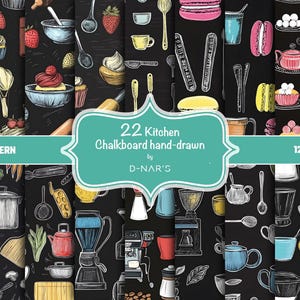 Puede incluir: Una colección de 22 patrones sin costuras dibujados a mano con temática de cocina sobre un fondo negro. Las ilustraciones incluyen varios utensilios de cocina, alimentos como fresas y cupcakes, y equipos para hacer café. El texto dice "22 Kitchen Chalkboard hand-drawn by D-NAR'S".