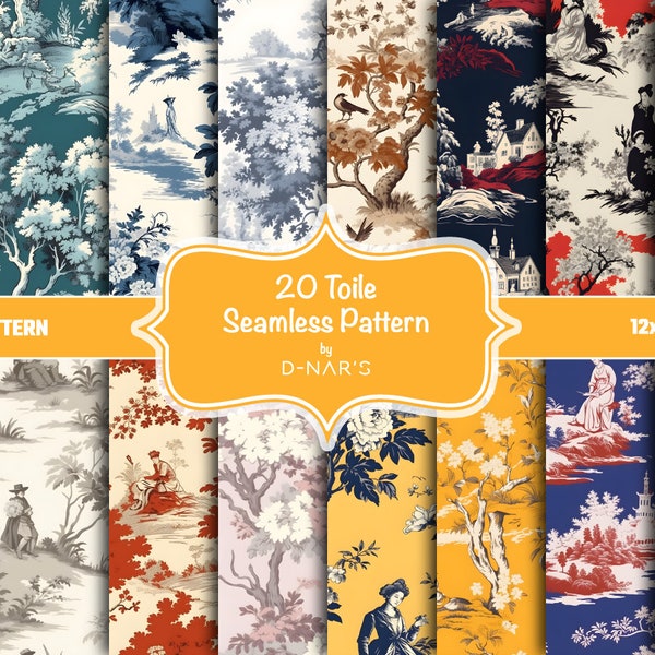 Toile Seamless Pattern Digital Papers | 20 Elegant 12x12" Backgrounds for Classic and Sophisticated Designs