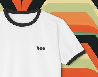 boo ghost Ringer Tee, Funny retro ghost Halloween shirt, costume for the minimalist, 1970s vintage aesthetic Unisex Cotton Ringer T-Shirt