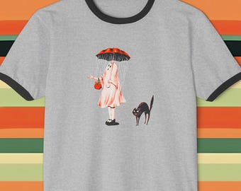 Cute Retro Ghost Ringer Tee, Halloween scary cat and ghost illustration boo crew 1970s vintage aesthetic style Unisex Cotton Ringer T-Shirt