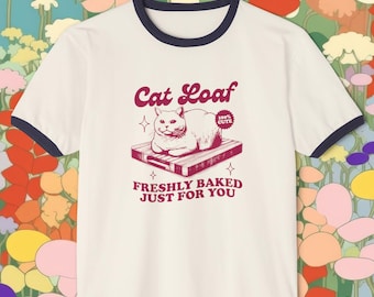 Funny Cat Loaf Shirt, Retro Cat Illustration, Hilarious Gift for Cat Lover, Unisex Cotton Ringer T-Shirt