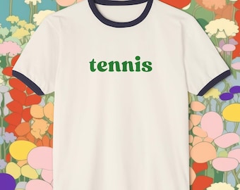 Retro "tennis" Ringer Tee gift for tennis player, Minimalist 1970s vintage aesthetic style, navy/natural green Unisex Cotton Ringer T-Shirt