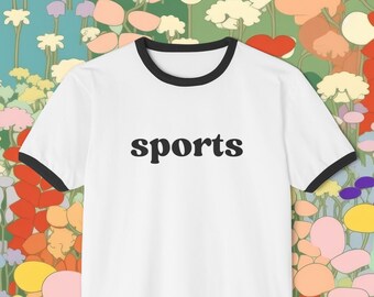 SPORTS Funny Ringer Tee: Rainbow Varsity Font, Unisex Cotton T-Shirt