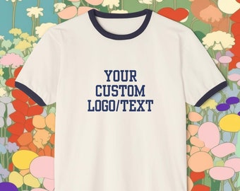 Front and Back Custom Logo Ringer T-Shirt: 1970s Vintage Style Cotton Tee