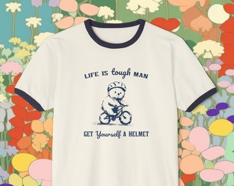 Life's Tough Shirt, Retro "Life is Tough Man Get a Helmet" Bear riding a bike wearing a helmet, Unisex Cotton Ringer T-Shirt