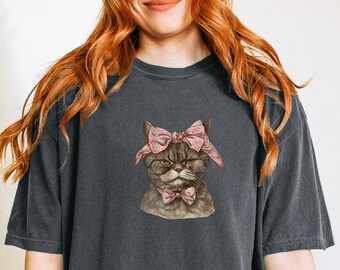 Grumpy Tabby Coquette Cat Shirt, Funny gift for cat lover, Cat wearing pink bow, Comfort Colors Unisex Garment-Dyed T-shirt