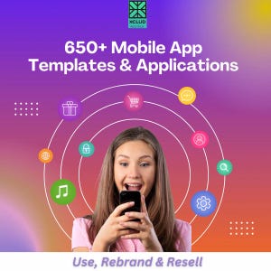 Può includere: Una donna sorride mentre guarda il suo telefono. Il telefono è circondato da icone colorate che rappresentano diverse categorie di app mobili, tra cui shopping, social media, musica, sicurezza e altro ancora. Il testo "650+ Modelli di app mobili e applicazioni" è nella parte superiore dell'immagine. Il testo "Usa, ribrandizza e rivendi" è nella parte inferiore dell'immagine.