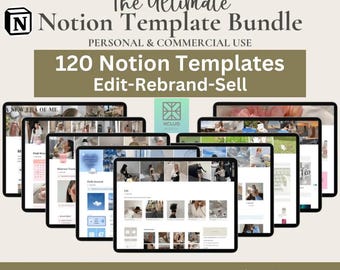 120 Notion Templates Bundle, PLR & MRR Rights, Editable Planners