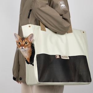May include: A beige and black pet carrier tote bag with a mesh window. A brown tabby cat is peeking out of the window. The bag has a brown leather handle and a brown label that says "HIDREAM".