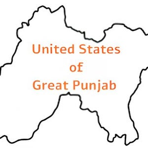 May include: A white graphic with a black outline of a landmass. The words "United States of Great Punjab" are written in orange within the outline. The graphic is simple and bold.