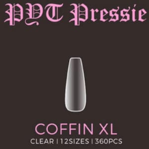 May include: Clear coffin shaped nail tips in 12 sizes, 360 pieces in total. The tips are shown against a black background. The text "PYT Pressie" is at the top of the image and the text "COFFIN XL" is below the tips. The text "CLEAR | 12 SIZES | 360PCS" is below the text "COFFIN XL".