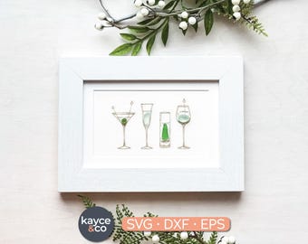 4 Copos de Coquetel em Arte Linear SVG, Modelo de Arte com Vidro de Praia, Arquivo para Gravação a Laser em Tela ou Cartolina, Artesanato com Vidro do Mar, DOWNLOAD DIGITAL