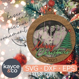 Frohe Weihnachten Ornament SVG, Bilderrahmen SVG Laser Cut Datei, personalisiertes Geschenk für Mama, Papa, Familie, Weihnachtsbaumverzierung
