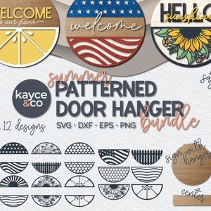 May include: A digital download bundle of 12 SVG, DXF, EPS, and PNG files for creating patterned door hangers. The bundle includes 10 different sayings, including "Welcome to our home" and "Hello Sunshine".