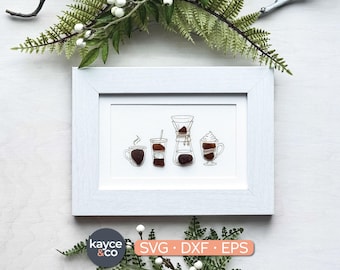 4 Desenhos de Arte Linear de Café em SVG, Modelo de Arte com Vidro de Praia, Arquivo para Gravação a Laser em Tela ou Cartolina, Artesanato com Vidro do Mar, DOWNLOAD DIGITAL