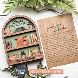 Può includere: Decorazione in legno a forma di libreria con la scritta "Books READ THIS YEAR" e "Gracie's Library". Presenta il numero 16, libri in miniatura e piante in vaso. Include una carta con la scritta "your year in books."