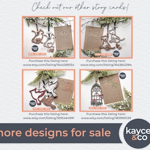 May include: Four digital downloads of laser cut SVG files for creating wooden ornaments. Each ornament features a different design: a cat, a dog, a bird, and a window. The ornaments are accompanied by a small card with a handwritten message. The designs are available for purchase on Etsy.