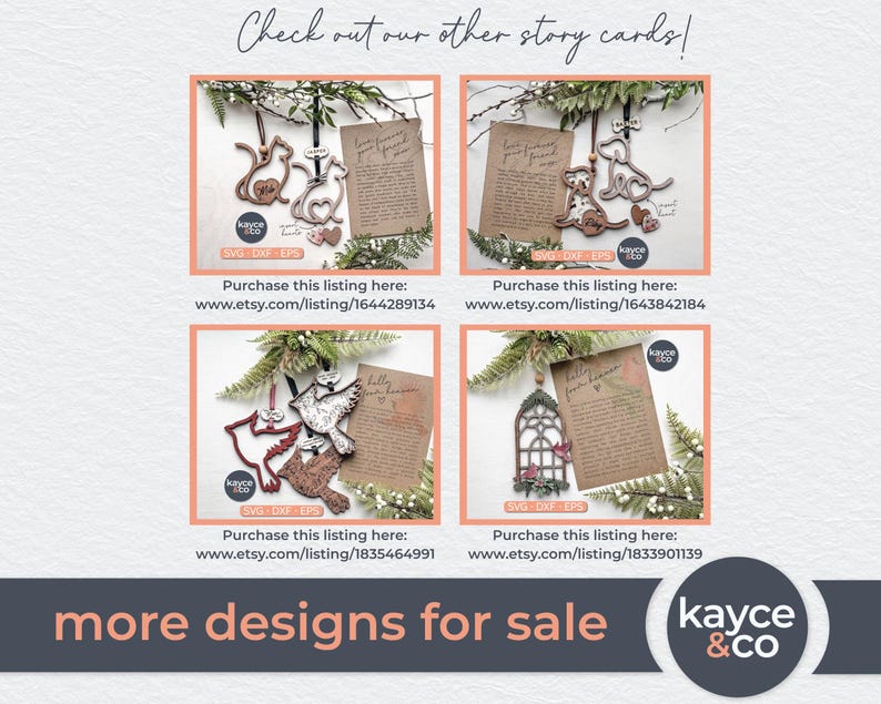 May include: Four digital downloads of laser cut SVG files for creating wooden ornaments. Each ornament features a different design: a cat, a dog, a bird, and a window. The ornaments are accompanied by a small card with a handwritten message. The designs are available for purchase on Etsy.