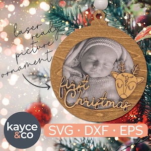 Baby eerste kerst foto ornament SVG, bosherten, laser klaar gesneden bestand, cadeau voor nieuwe moeder, vader, pasgeboren baby, gepersonaliseerde ornament