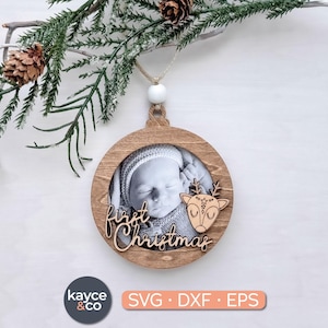 Baby First Christmas Picture Ornament SVG, Woodland Deer, Laser Ready Cut File, Gift for New Mom, Dad, Newborn Baby, DIGITAL DOWNLOAD